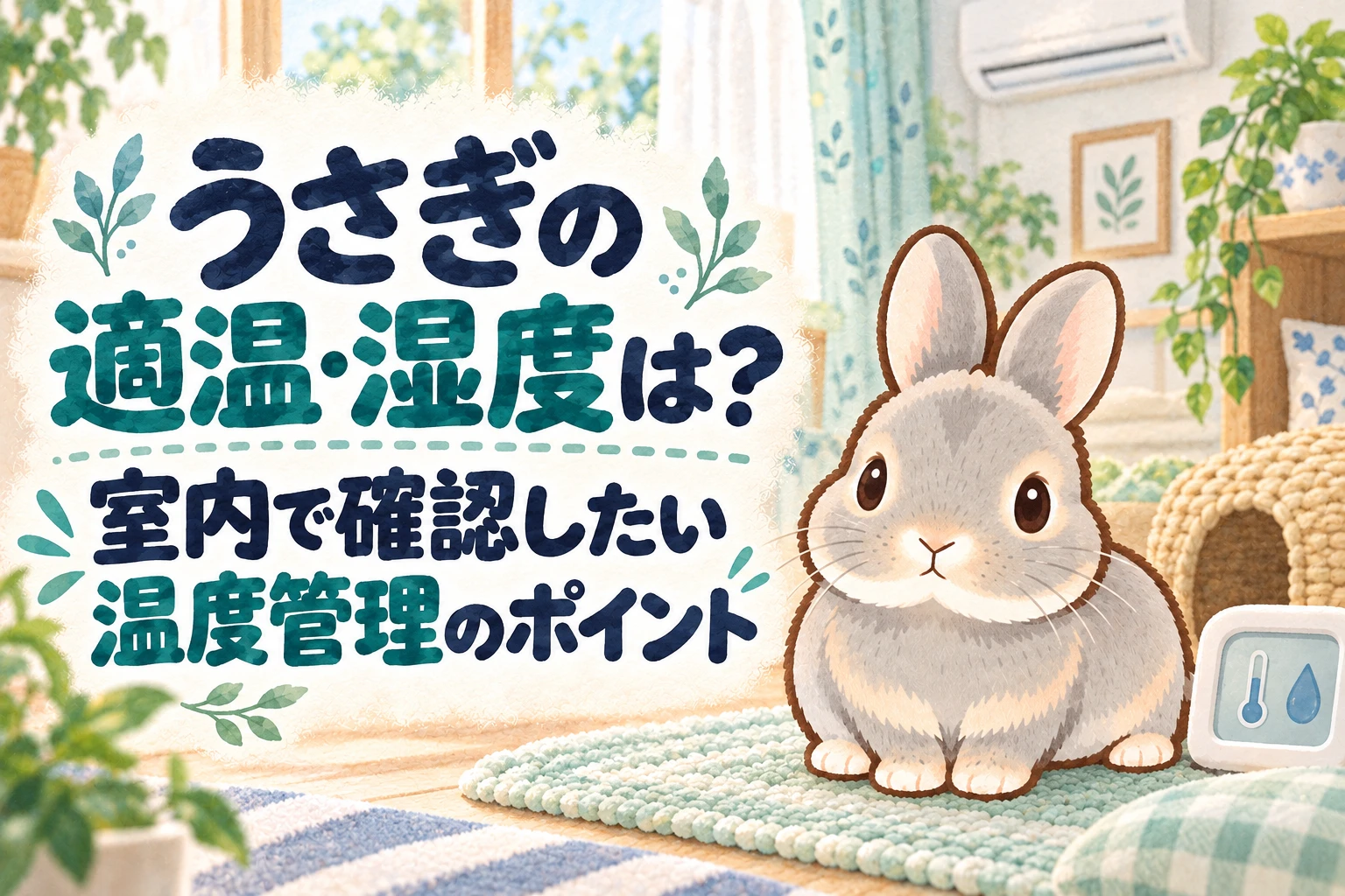 「うさぎの適温・湿度は？室内で確認したい温度管理のポイント」の文字と、温湿度計のそばに座るグレーのふうちゃんを描いたミントと濃紺の水彩イラスト