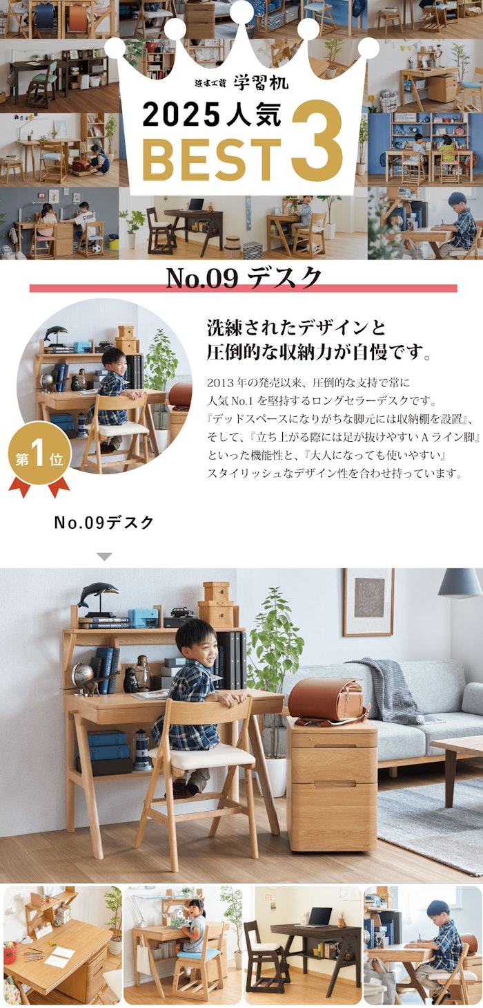 alt: 浜本工芸の2025年学習机人気ランキングベスト3を紹介する画像。
1位No.9デスク、2位No.28デスク、3位No.6000デスクユニットが記載されている。