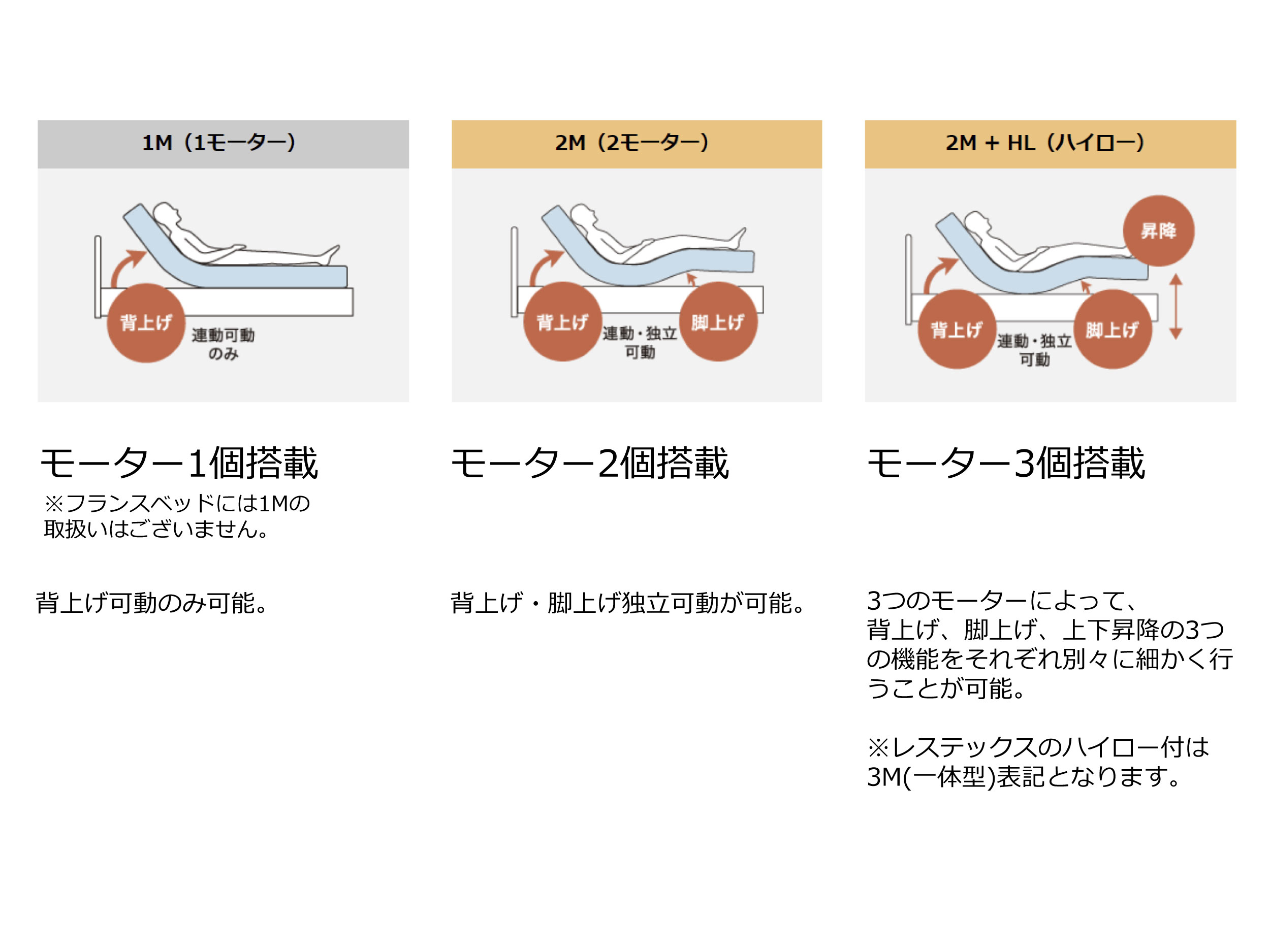 モーター数種類一覧(1モーター・2M(背上げ・脚上げ)・2M+HL(高さ調整機能))