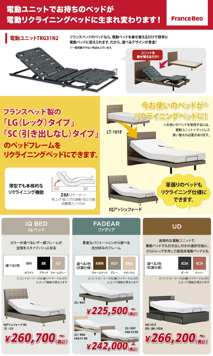 alt: フランスベッドの電動ユニットを紹介する画像。電動ユニットを使用することで今使っているベッドが電動リクライニングベッドに生まれ変わる旨が記載されている。