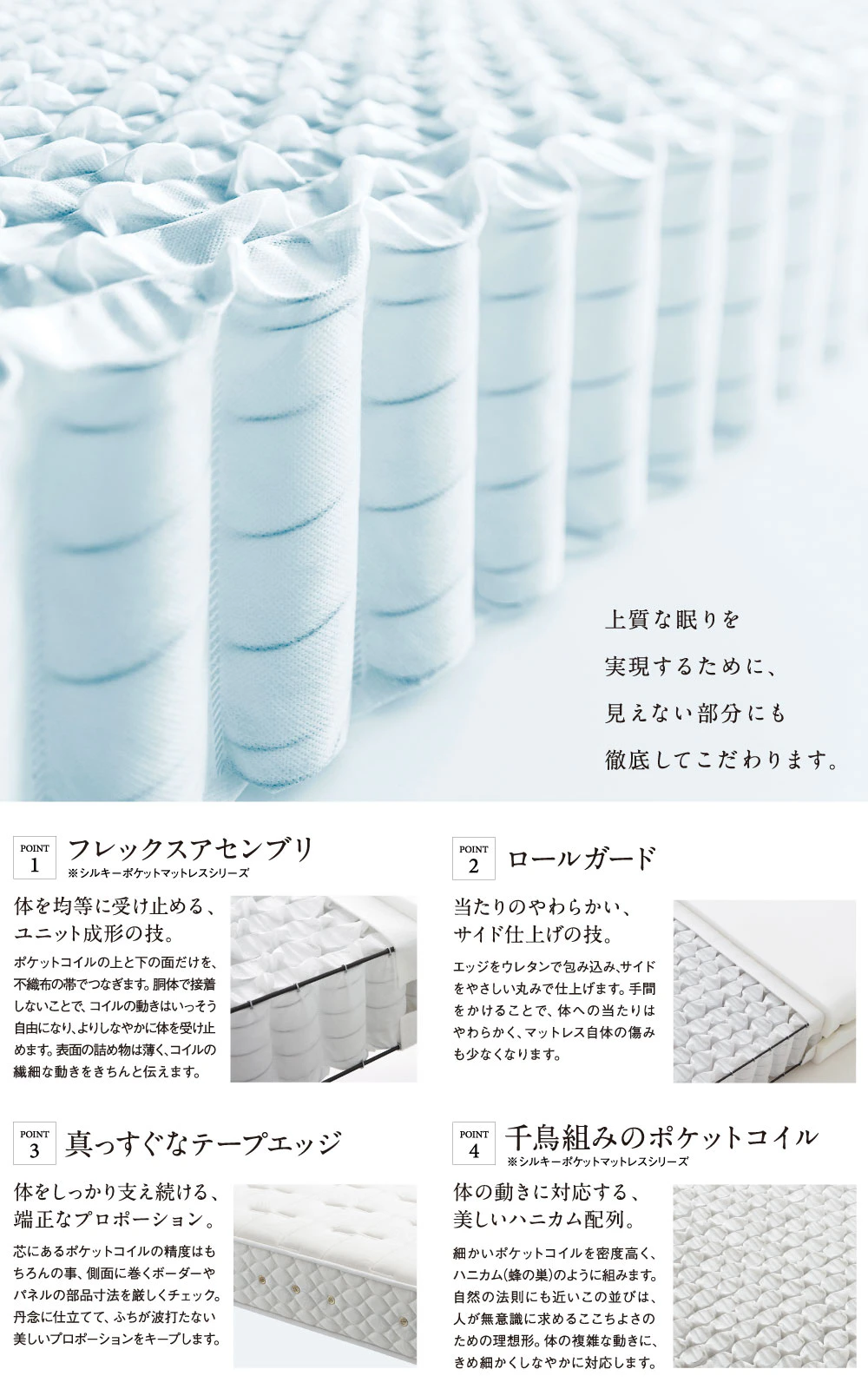 alt: 日本ベッドの商品特徴を紹介する画像。特徴として①体を均等に受け止める成形②あたりの柔らかい再度仕上げ③体をしっかり支え続ける端正なプロポーション④体の動きに対応する美しいハニカム配列が記載されている。