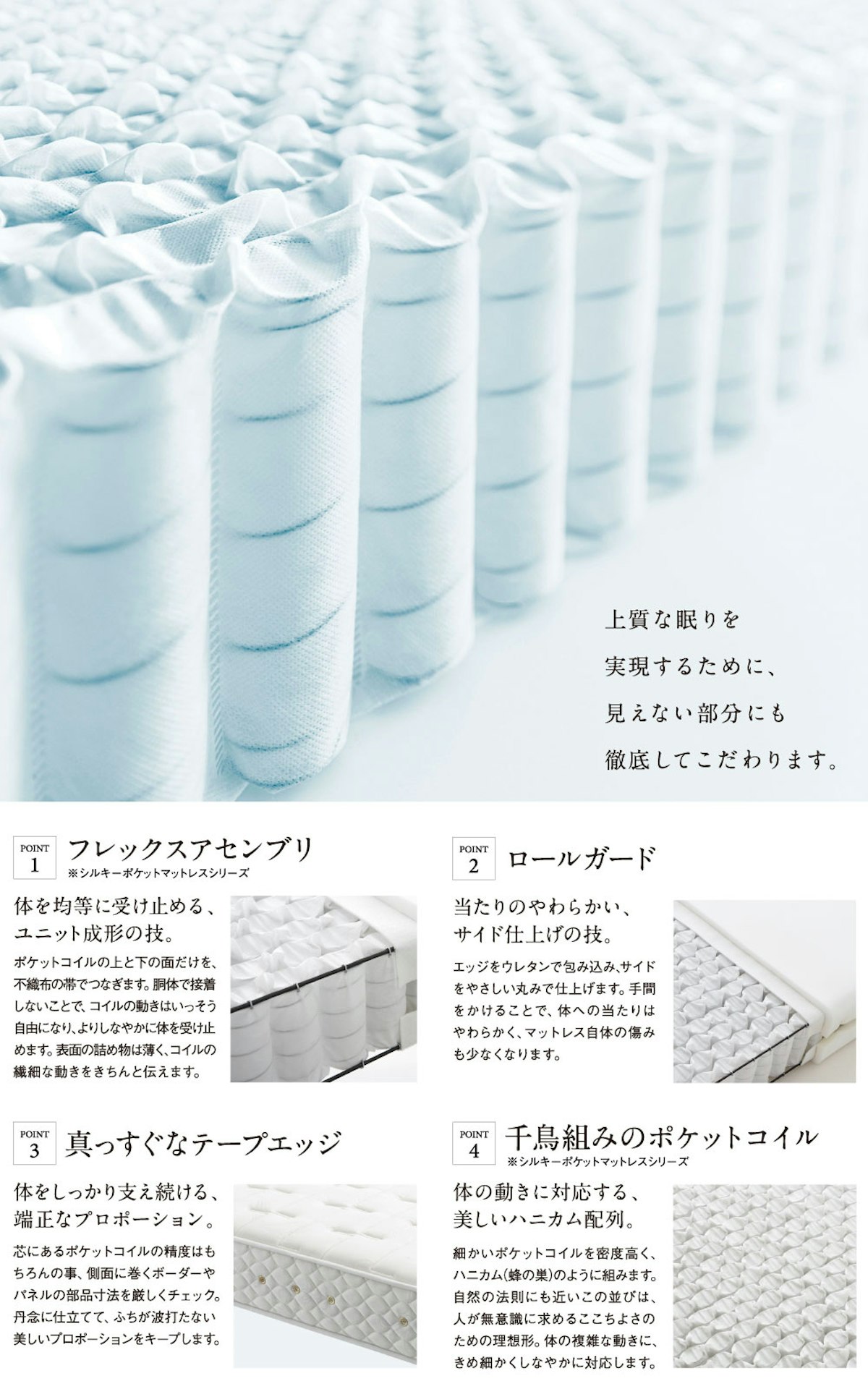 alt: 日本ベッドの商品特徴を紹介する画像。特徴として①体を均等に受け止める成形②あたりの柔らかい再度仕上げ③体をしっかり支え続ける端正なプロポーション④体の動きに対応する美しいハニカム配列が記載されている。