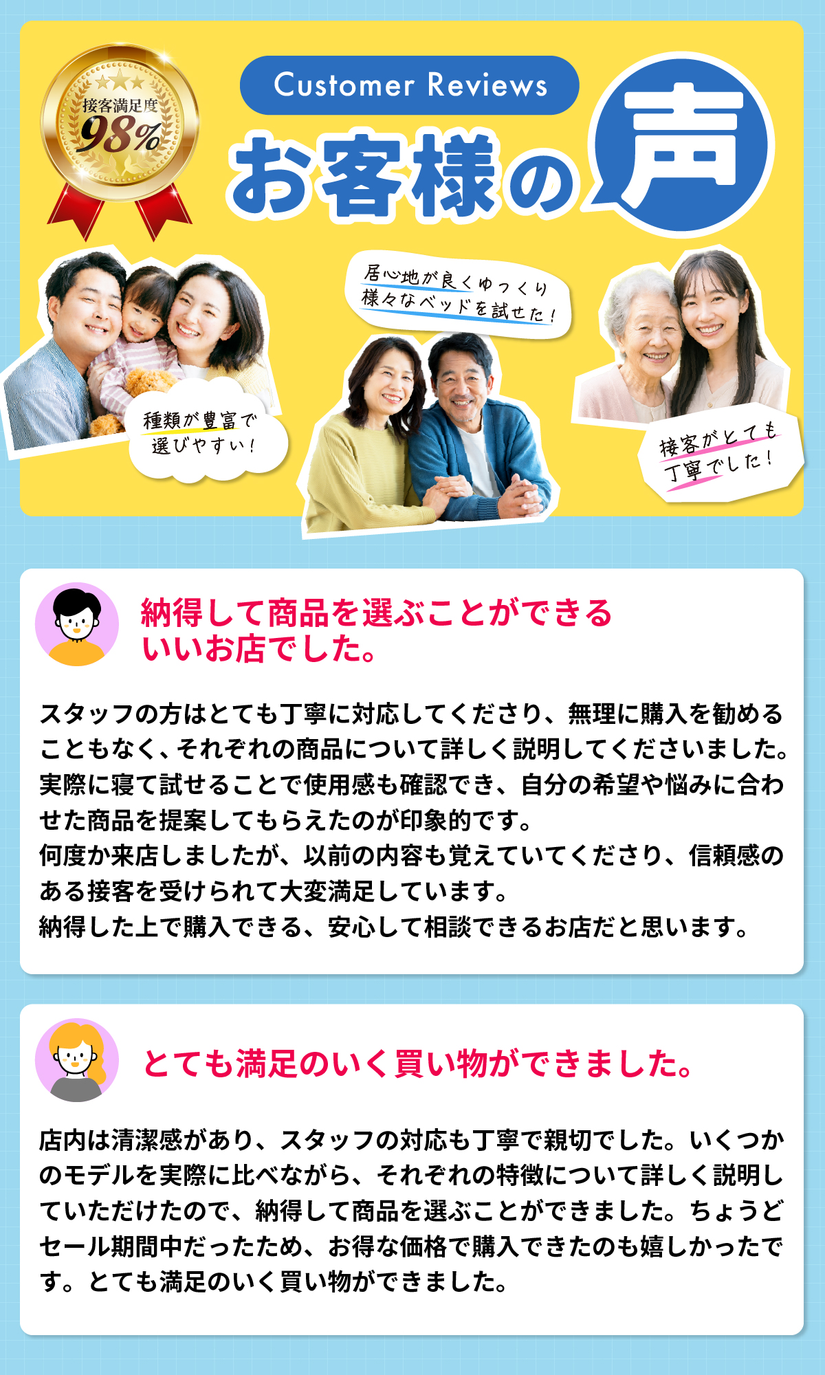alt: お客様の声を紹介する画像。「納得して商品選びができた」「接客が丁寧で満足のいく買い物ができた」と記載されている。