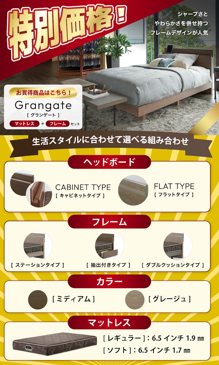 alt: シモンズの特別価格商品を紹介する画像。商品は「グランゲート 」が記載されている。