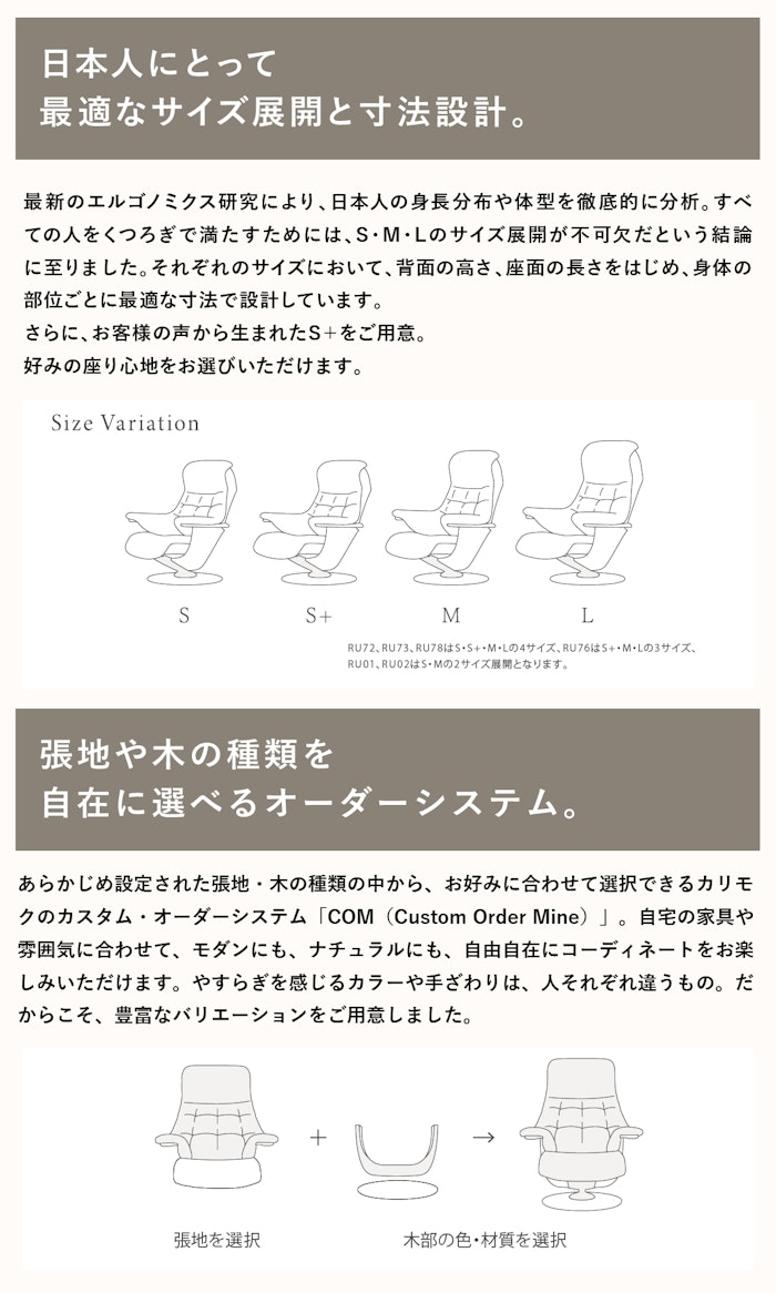 alt: カリモク家具のリクライニングチェアであるザファースト紹介する画像。日本人にとって最適なサイズ展開と寸法設計であり、張地や木の種類を自在に選べるオーダーシステムであることが記載されている。
