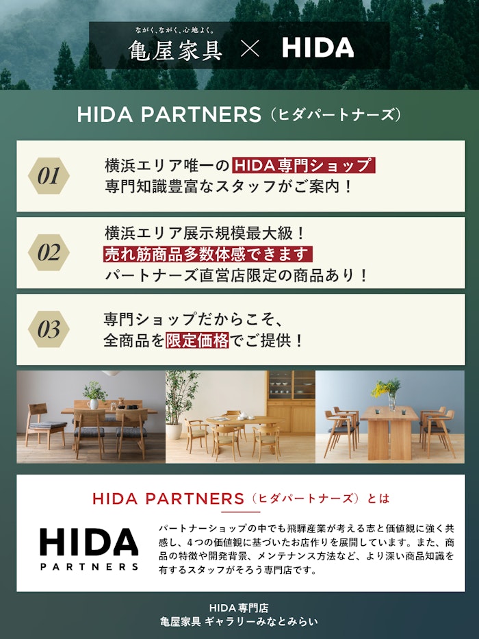 alt: HIDA専門店 亀屋家具ギャラリーみなとみらい を紹介する画像。3つの特徴として①横浜エリア唯一のHIDA専門ショップ②売れ筋商品た多数体感でき、直営店限定商品もある③専門ショップならではの全商品限定価格での提供が記載されている。