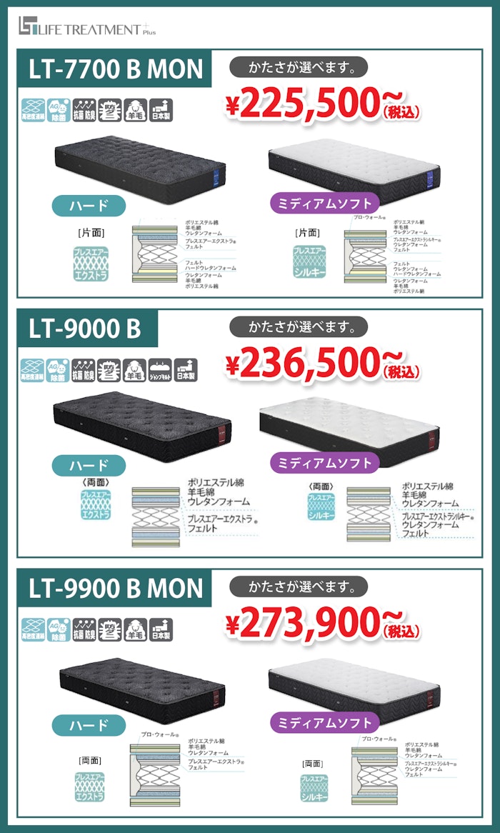 alt: フランスベッド亀屋家具ギャラリー限定商品を紹介する画像。LTシリーズが特別価格で提供される旨が記載されている。