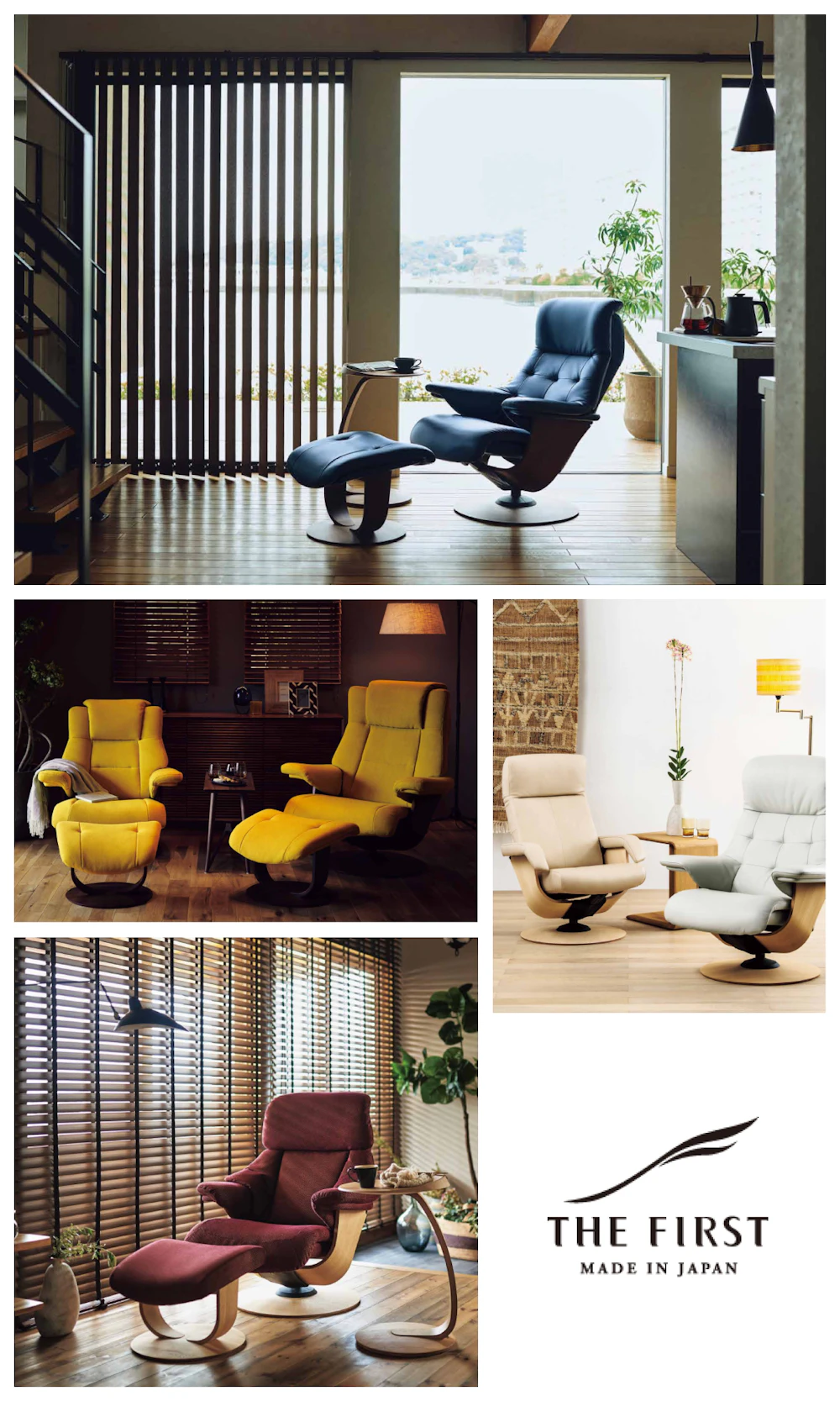 alt: カリモク家具のリクライニングチェアであるザファーストの商品写真。実際にリビングで使用した際のイメージ写真が記載されている。