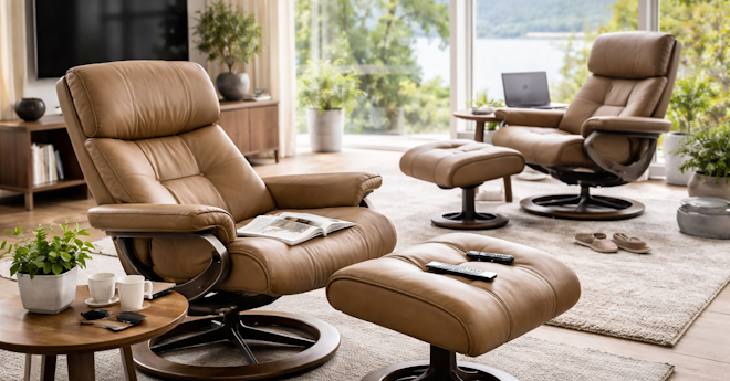 EKORNES ベージュ レザー スツール Ekornes (エコーネス) ストレスレスチェア ライトグレー オットマン付