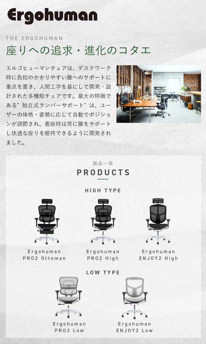 alt: オフィスチェア・デスクチェア専門店ギャラリー新宿の取り扱いブランドであるエルゴヒューマンを紹介する画像。
エルゴヒューマンはデスクワーク時に負担のかかりやすい腰へのサポートに重点を置き。人間工学を基にして開発・設計された多機能チェアであることが記載されている。