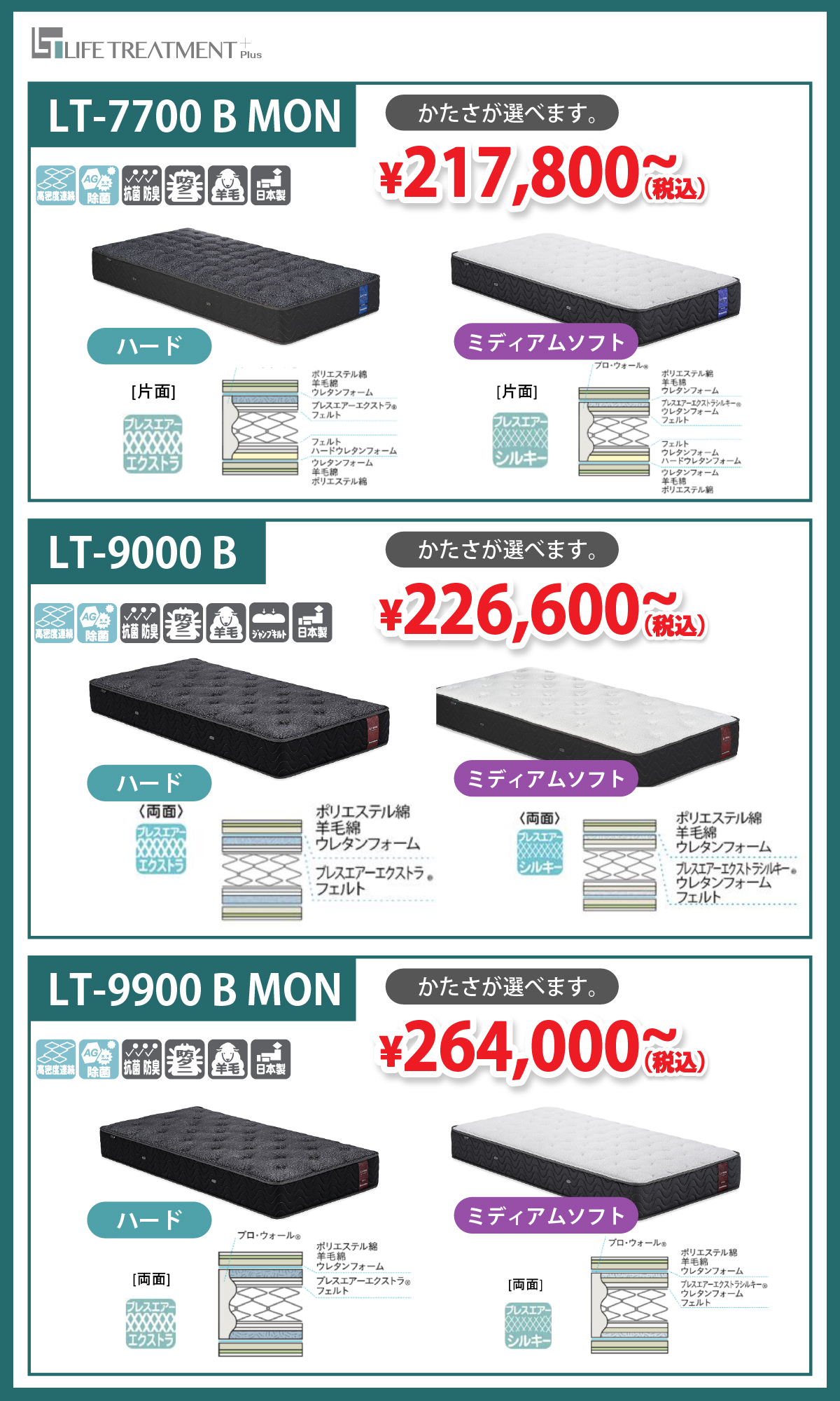 alt: フランスベッド亀屋家具ギャラリー限定商品を紹介する画像。LTシリーズが特別価格で提供される旨が記載されている。