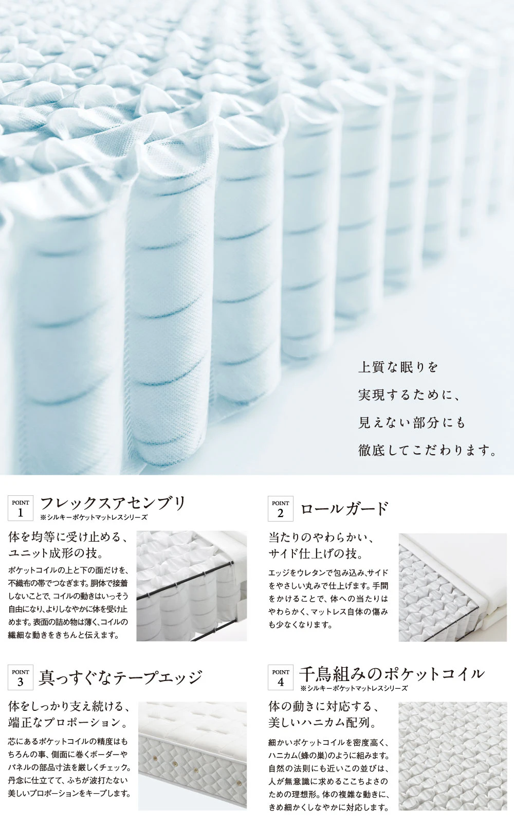 alt: 日本ベッドの商品特徴を紹介する画像。特徴として①体を均等に受け止める成形②あたりの柔らかい再度仕上げ③体をしっかり支え続ける端正なプロポーション④体の動きに対応する美しいハニカム配列が記載されている。