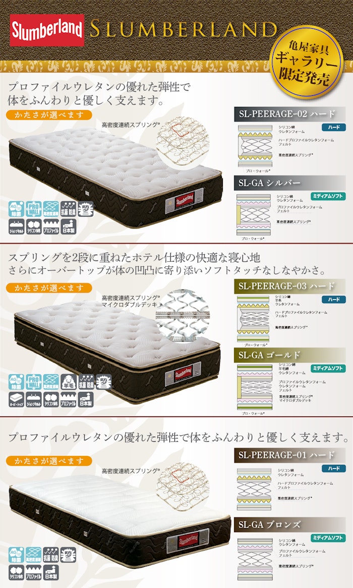 alt: スランバーランドの亀屋家具ギャラリー限定商品を紹介する画像。硬さが選べる3種類のマットレスがそれぞれ用意されている。