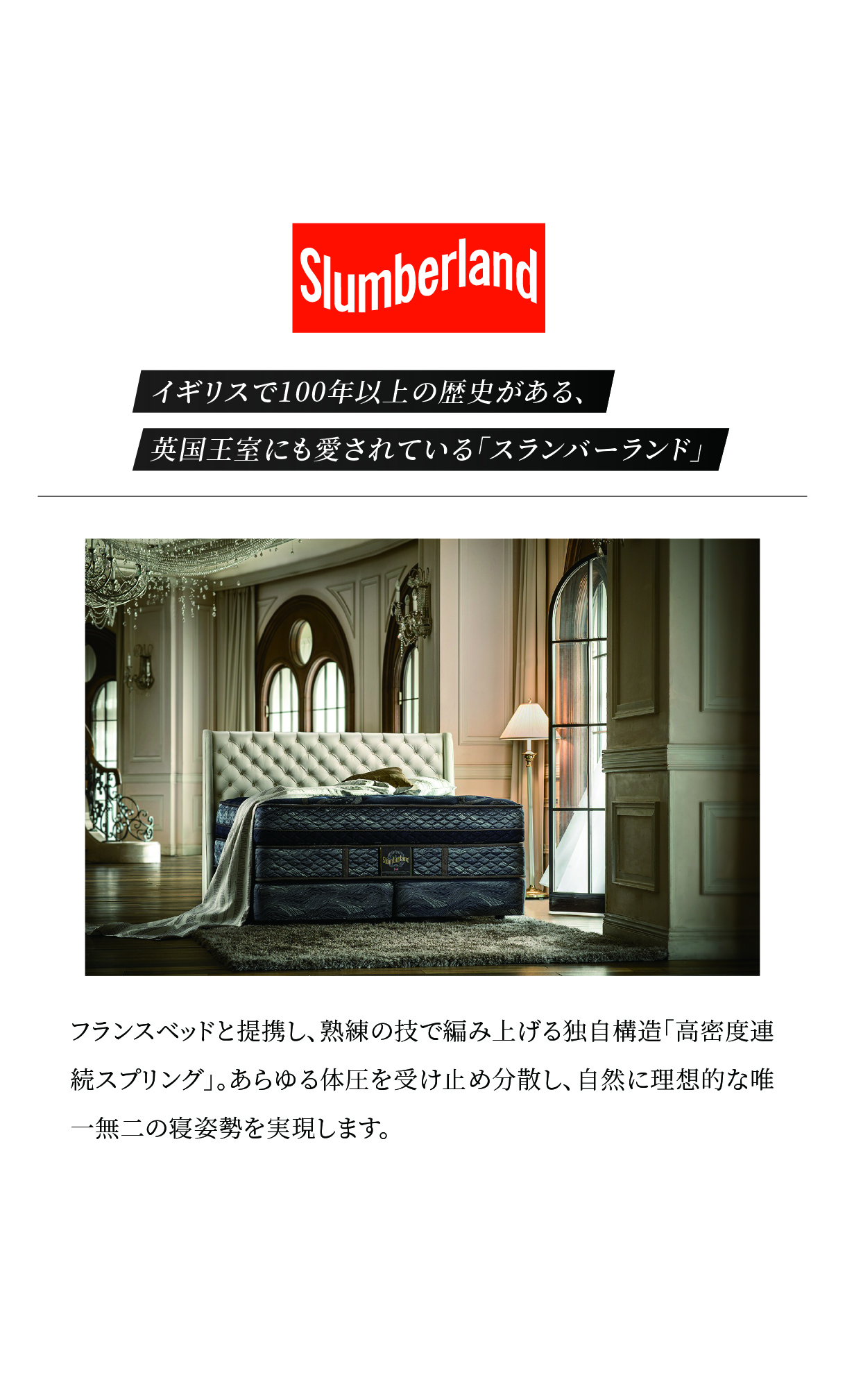 alt: スランバーランドを紹介する画像。イギリスで100年以上の歴史があり、英国王室にも愛されていることが記載されている。