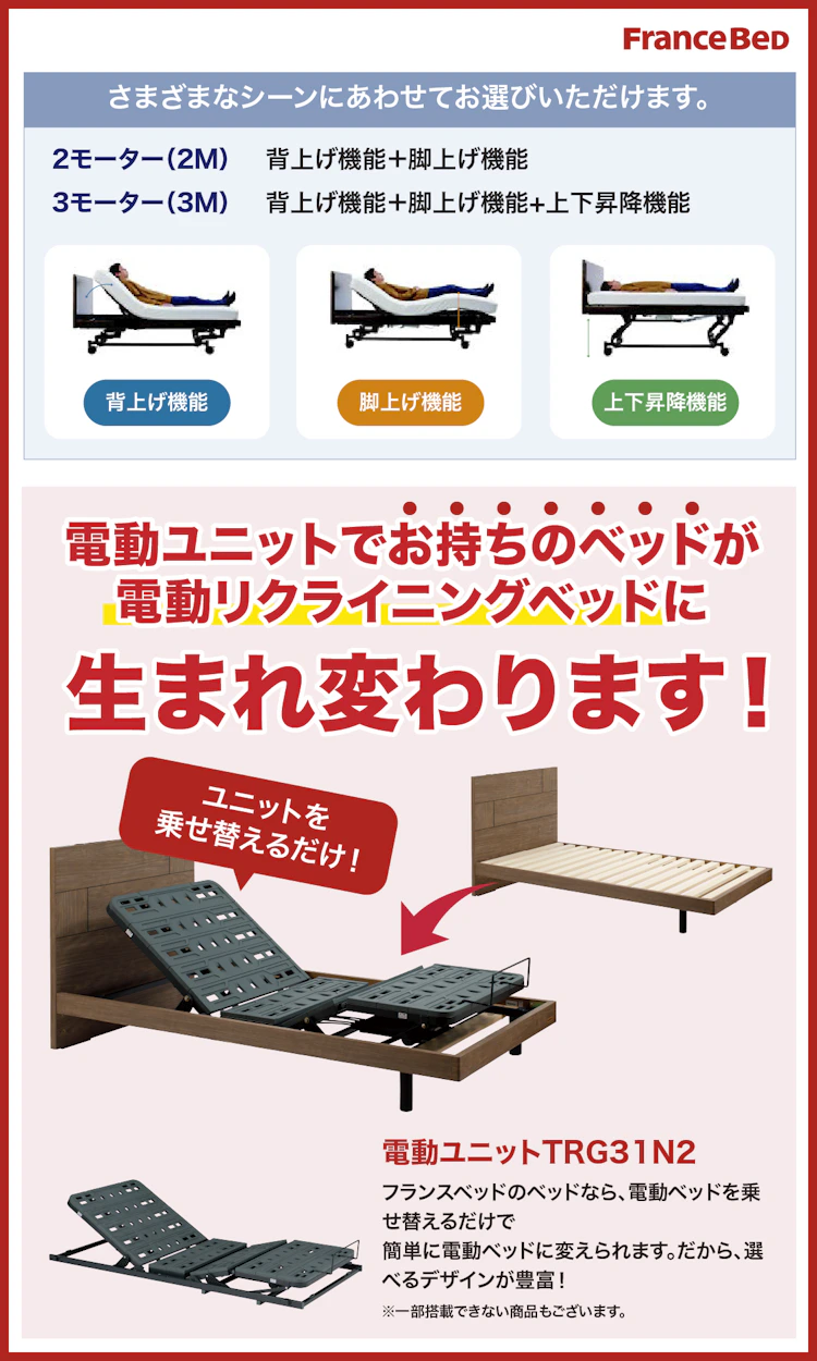 alt: フランスベッドの電動ユニットを紹介する画像。電動ユニットを使用することで今使っているベッドが電動リクライニングベッドに生まれ変わる旨が記載されている。