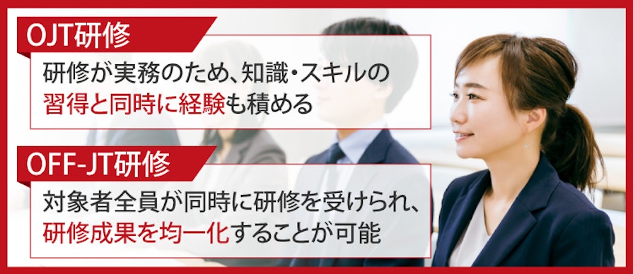 OJT研修:研修が実務のため知識・スキルの習得と同時に経験も積める、OFF-JT研修:対象者全員が同時に研修を受けられ研修成果を均一化することが可能