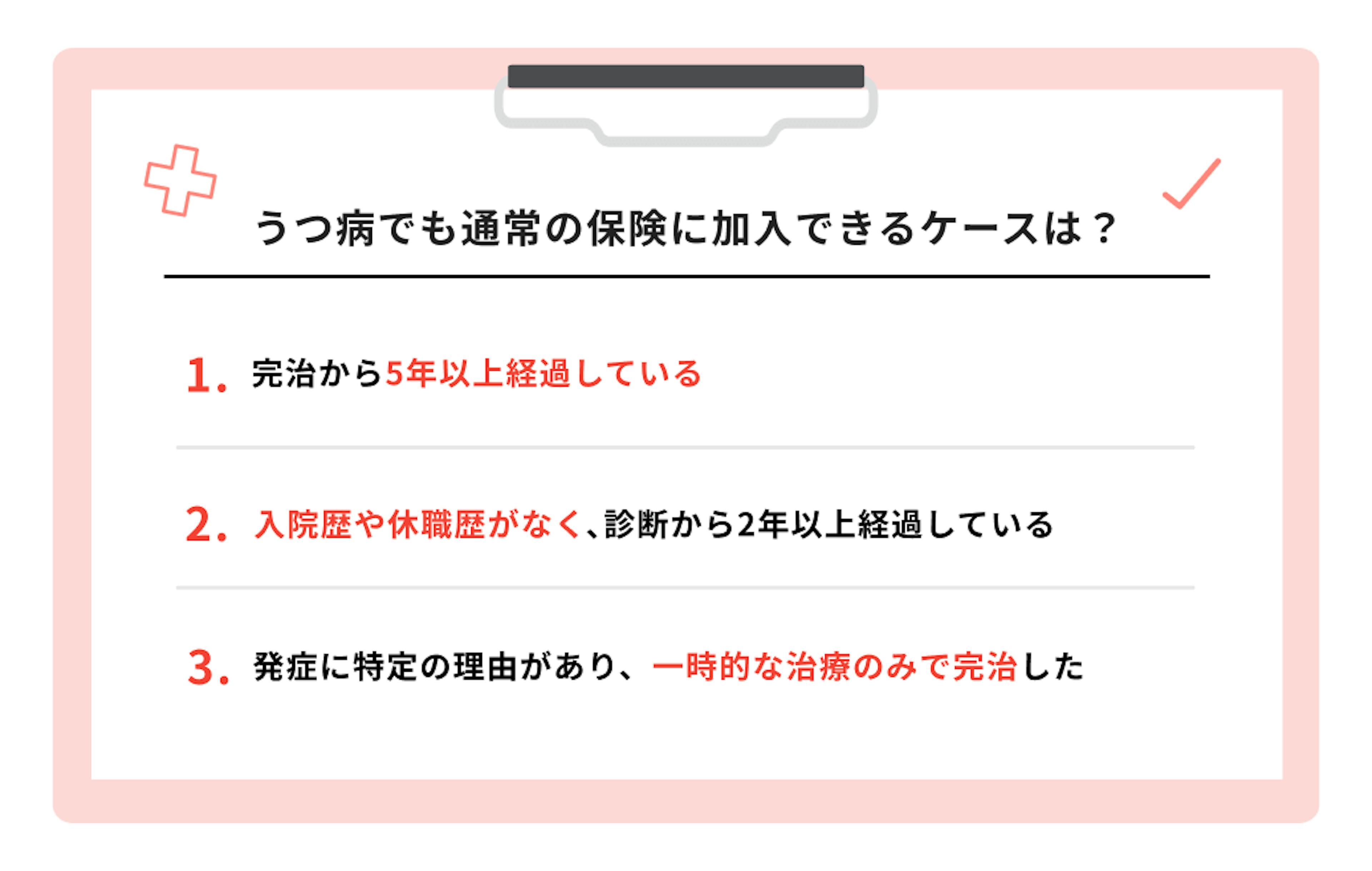 完治から5年以上経過している。入院歴や休職歴がなく、診断から2年以上経過している。発症に特定の理由があり、一時的な治療のみで完治した。