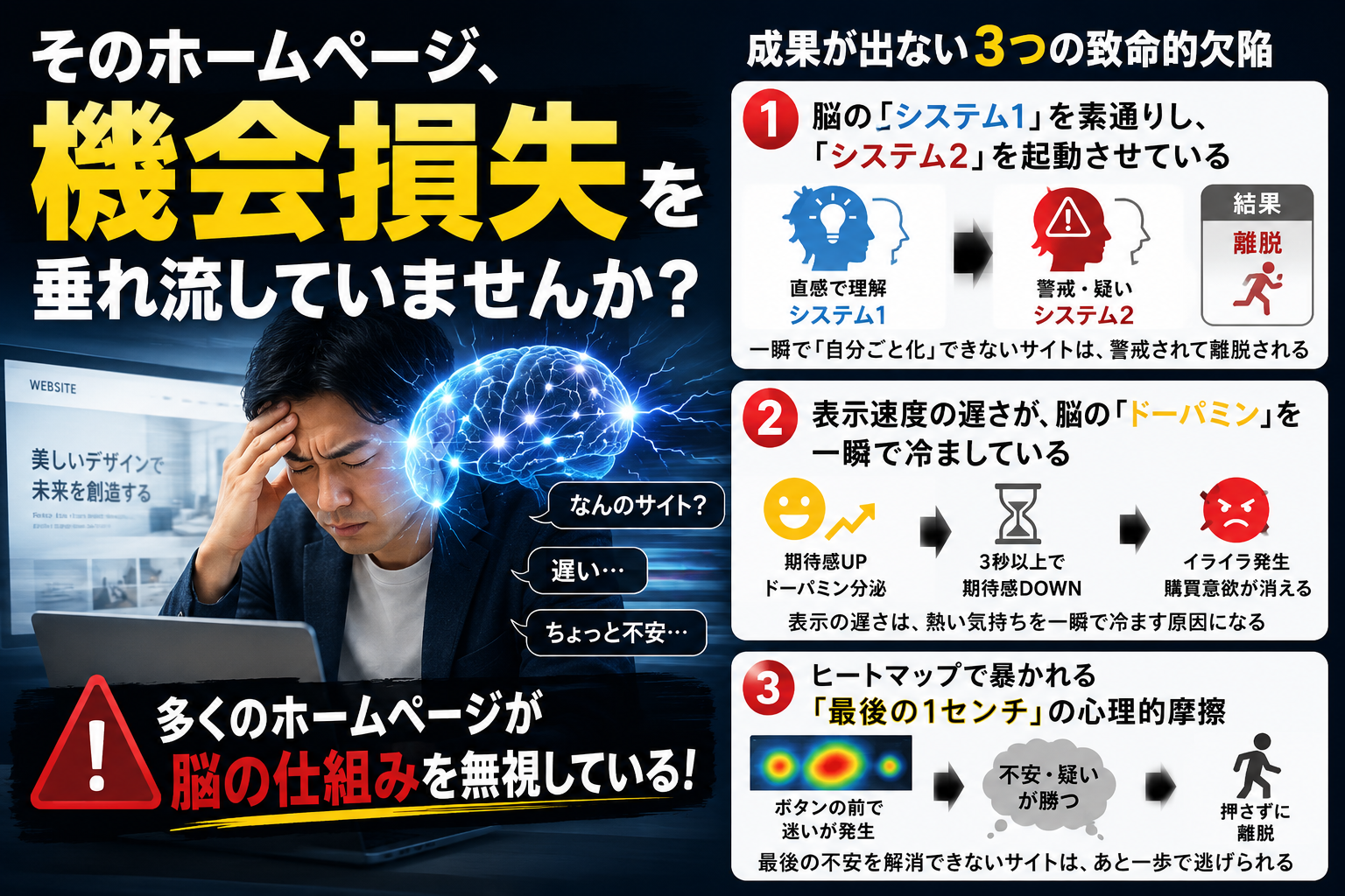 なぜ、デザインの綺麗なホームページほど「問い合わせ」が来ないのか？脳科学とデータで暴く3つの致命的欠陥のアイキャッチ画像
