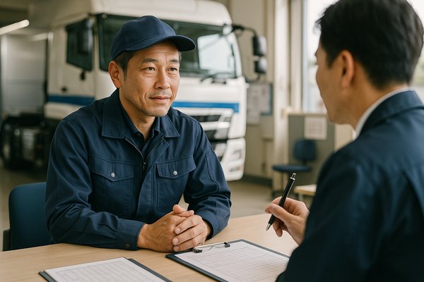 大型トラックの運転席で点呼を受けるドライバー