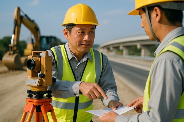 土木工事現場で測量・確認を行う施工管理者