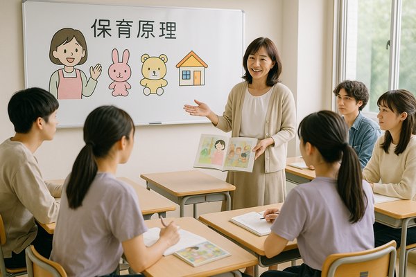 保育士養成校の教室で授業を受ける学生たち