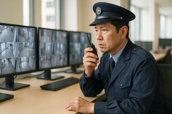 オフィスビルの防災センターで監視業務をする警備員