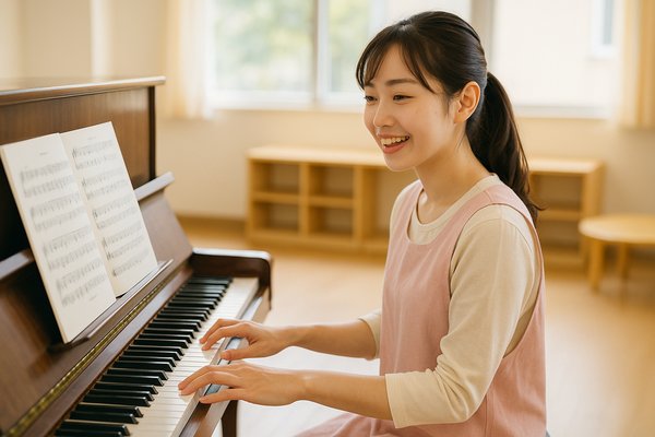 保育士実技試験の練習でピアノを弾く女性
