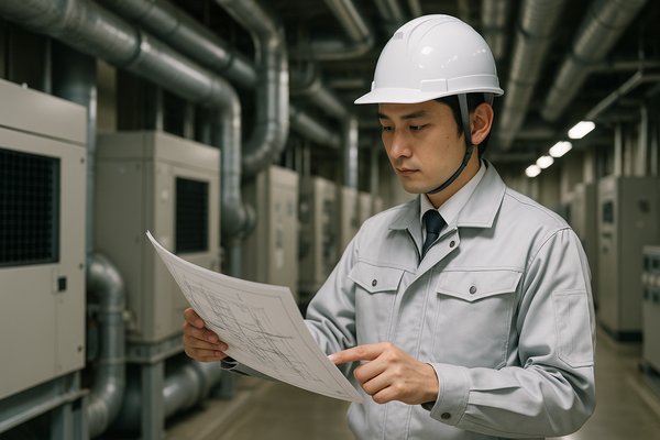 ビル機械室で配管を確認する設備施工管理者