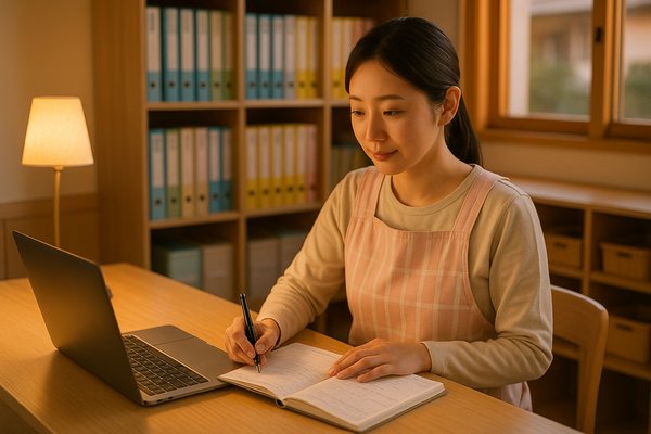 保育園の事務スペースで記録を書く保育士