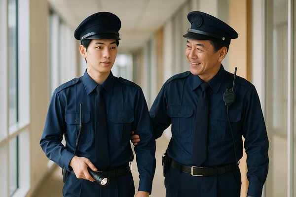 先輩警備員と一緒に現場で巡回する新人警備員
