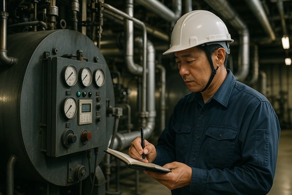 ビルのボイラー室で計器を確認するボイラー技士
