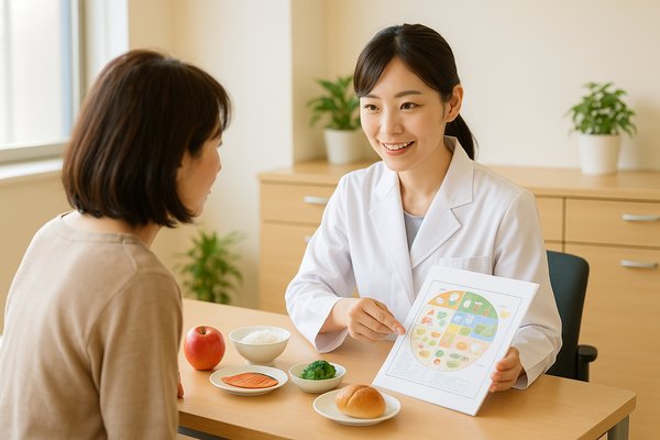 病院の栄養相談室で患者に栄養指導をする管理栄養士