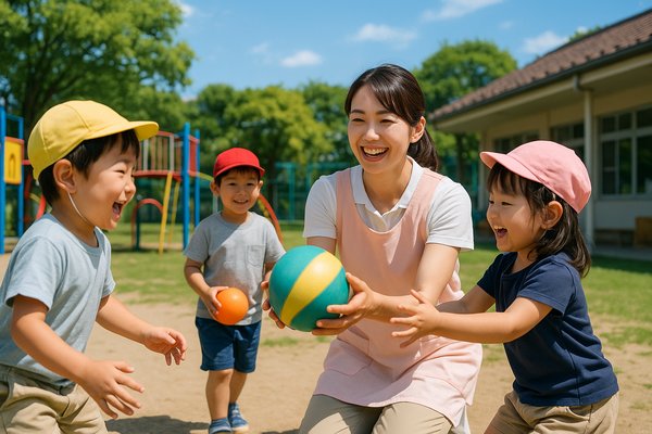 園庭で子供たちと一緒に遊ぶ保育士