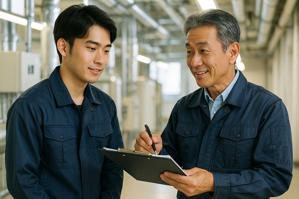 ベテラン技術者から指導を受ける若手ビルメン