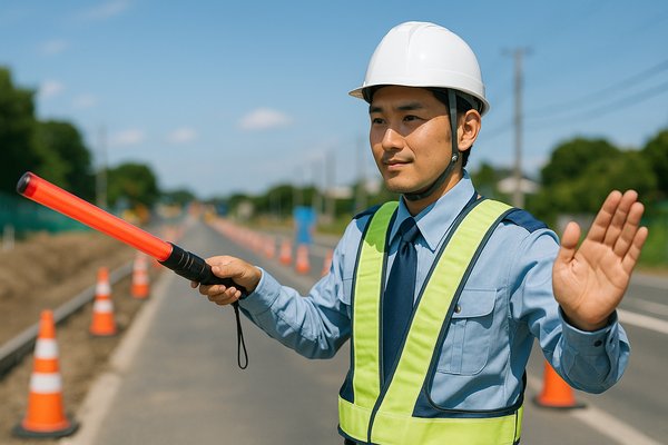 道路工事現場で交通誘導をする警備員