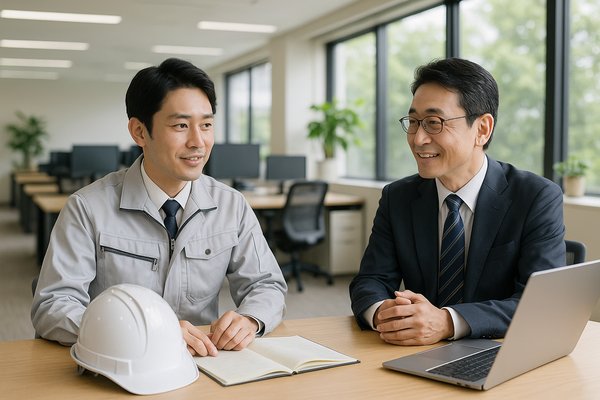 明るい建設会社のオフィスで打ち合わせをする社員