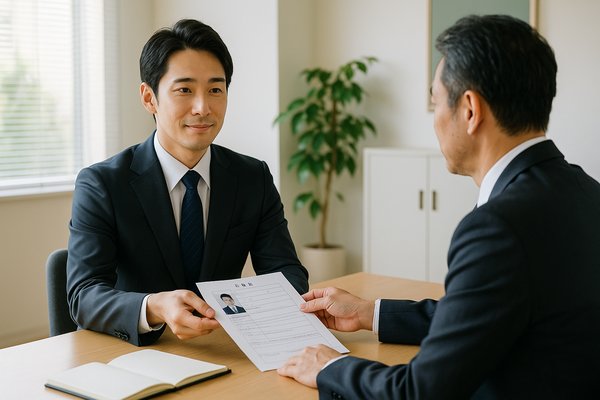 警備会社の面接で履歴書を提出する応募者