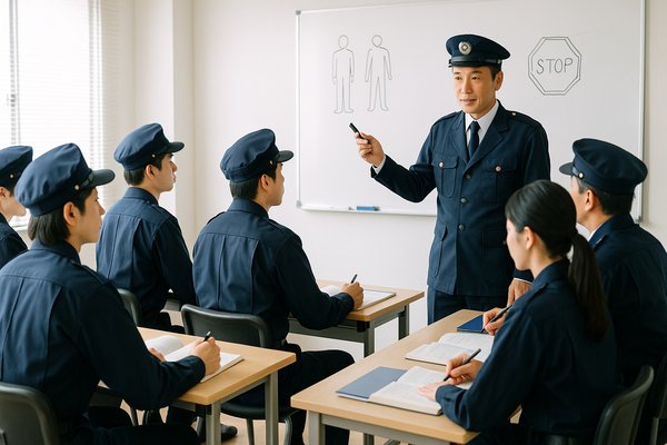 警備会社の研修室で新任研修を受ける警備員