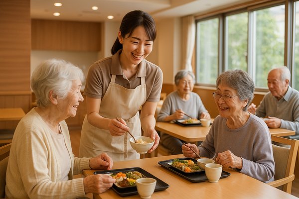 有料老人ホームのダイニングで食事介助を行う介護スタッフ