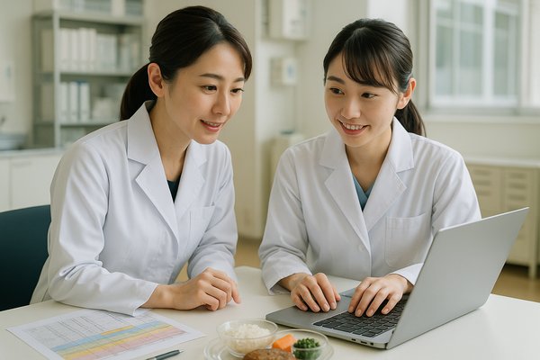 病院の栄養管理室で食事計画を立てる管理栄養士