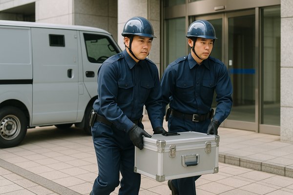 現金輸送車から降りる警備員のチーム