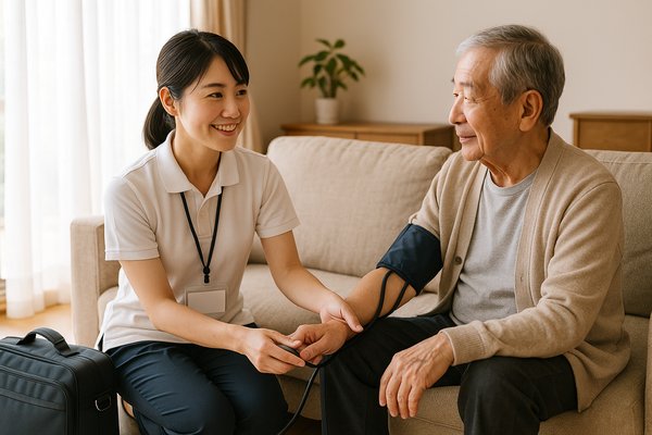 在宅で患者の血圧を測る訪問看護師