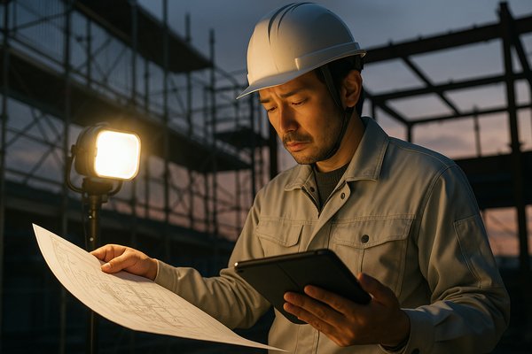 夕方の建設現場で書類を確認する施工管理者