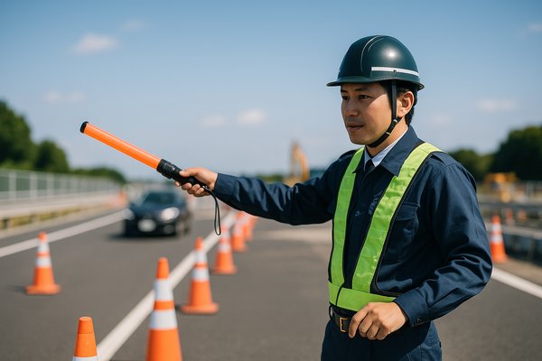 高速道路工事現場で交通誘導を行う警備員
