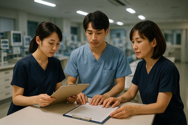 病院のナースステーションで情報共有する看護師