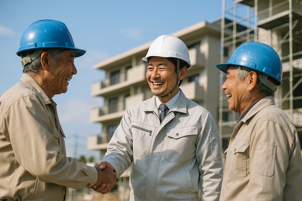 完成間近の現場で職人と笑顔で会話する施工管理者