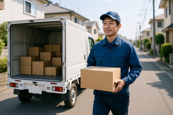 宅配トラックから荷物を運ぶ宅配ドライバー