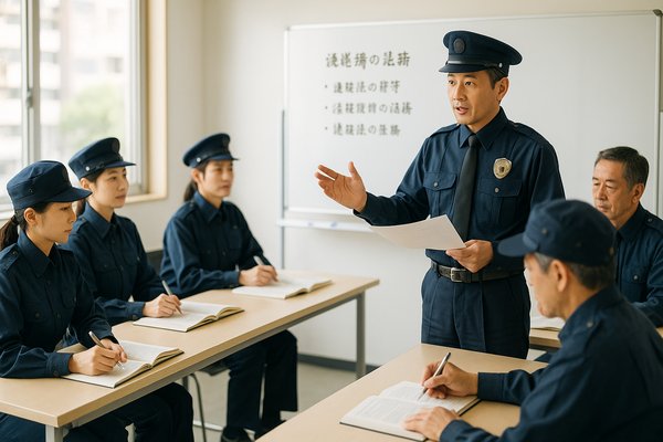 警備会社の研修室で新任研修を受ける警備員