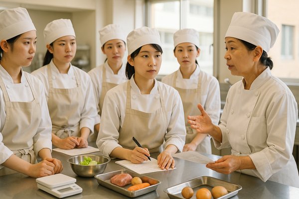 栄養士養成校の調理実習室で学ぶ学生