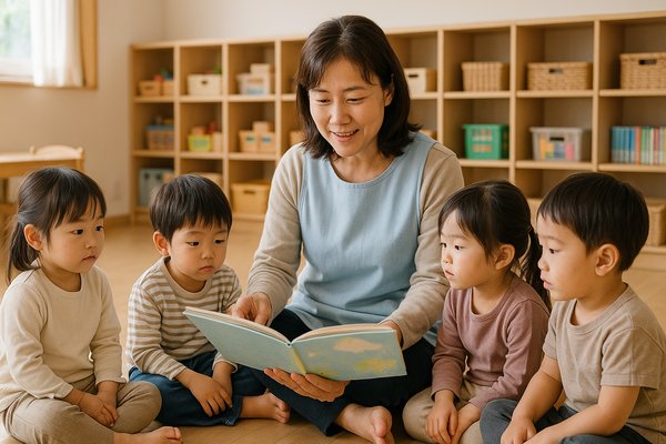 公立保育園で子供たちに絵本を読み聞かせる保育士